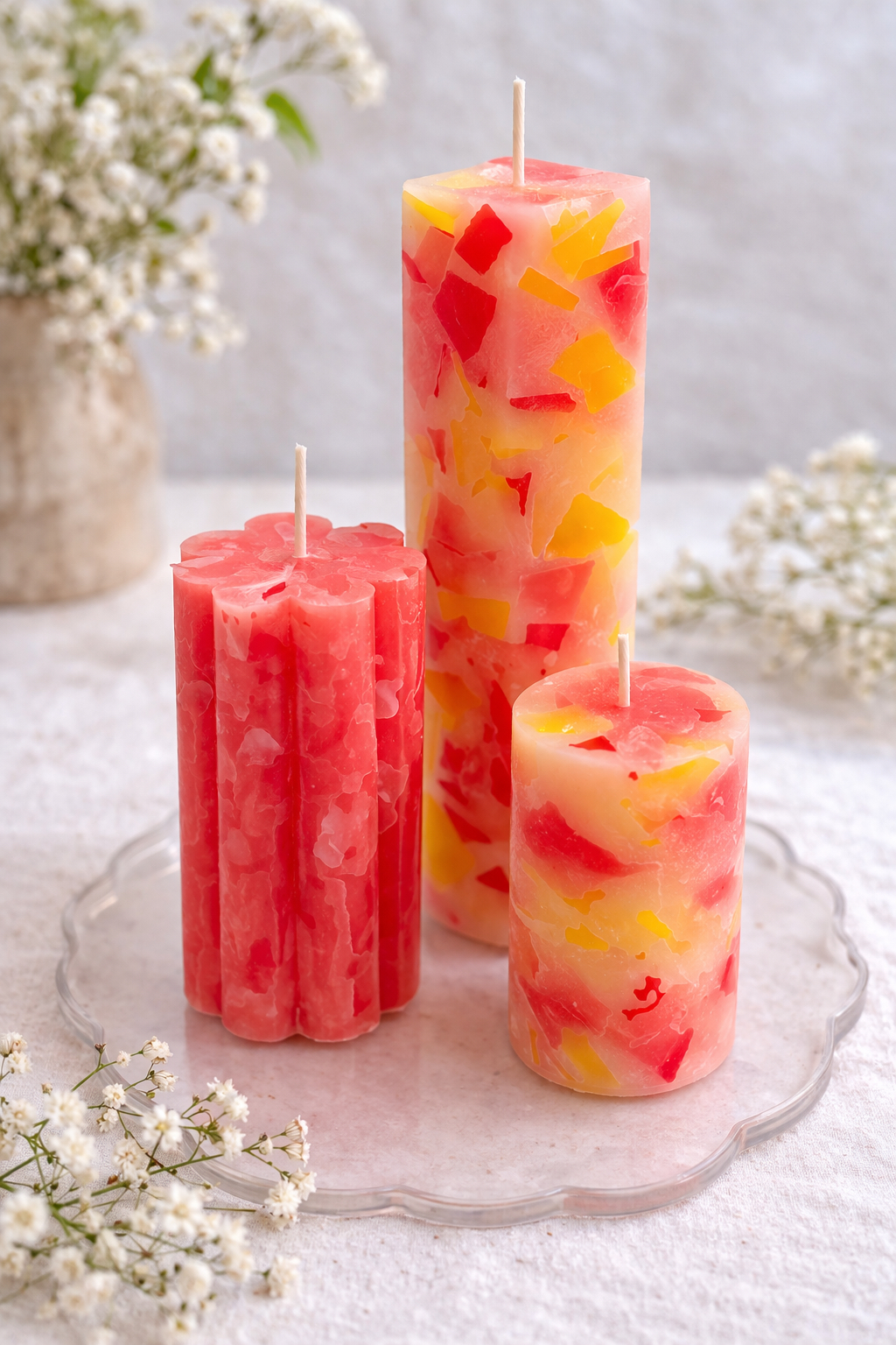 Drei bunte Kerzen in den Farben Orange und Rot