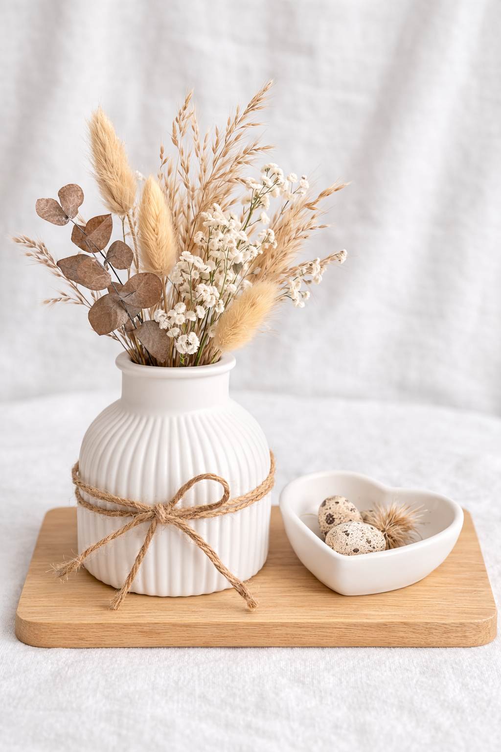 Eine weiße Vase mit einer weißen Herzschale